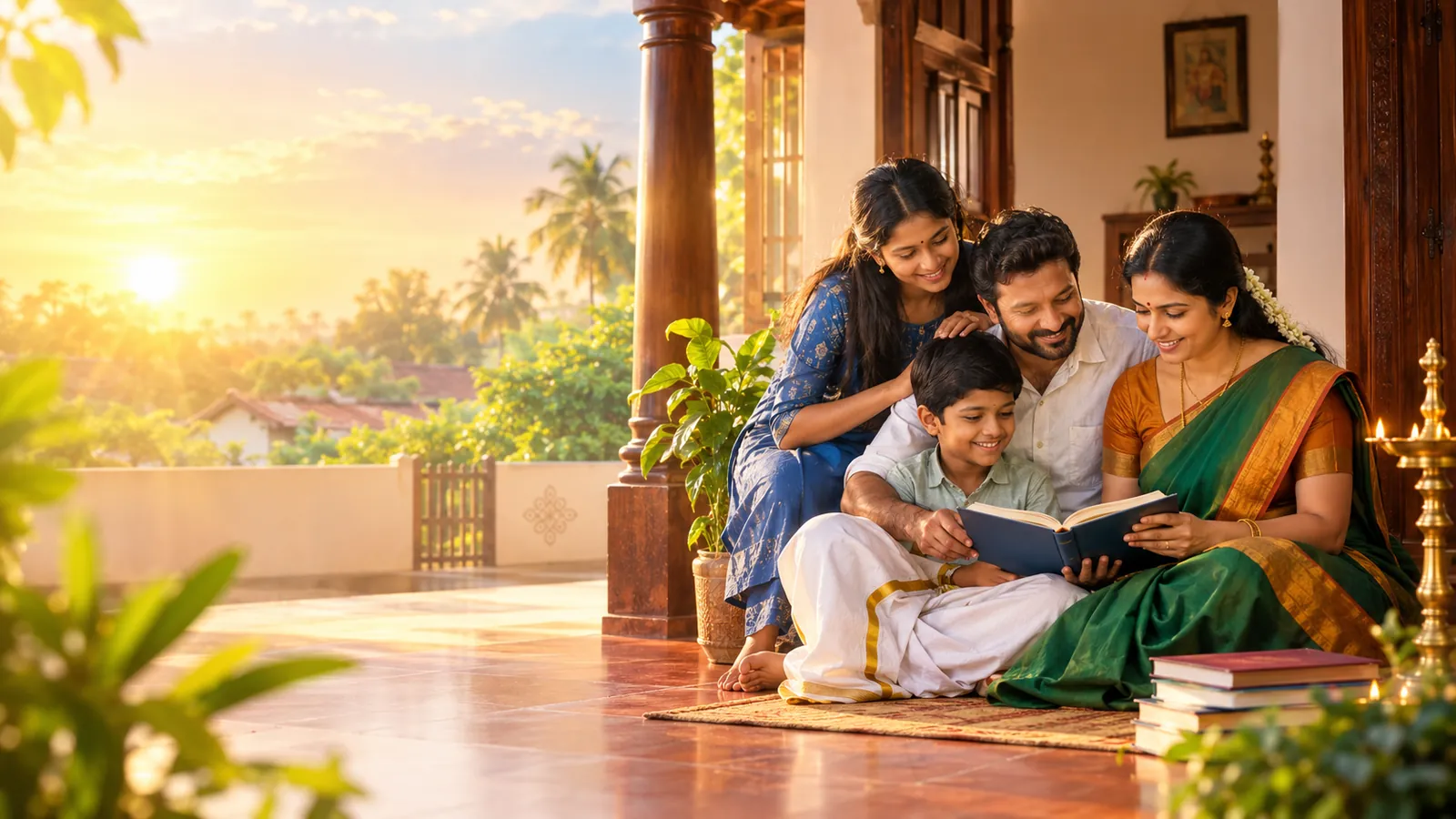 சூரிய உதய ஒளியில் வீட்டுத் திண்ணையில் ஒன்றாக அமர்ந்து புத்தகம் படிக்கும் மகிழ்ச்சியான தமிழ்க் குடும்பம்