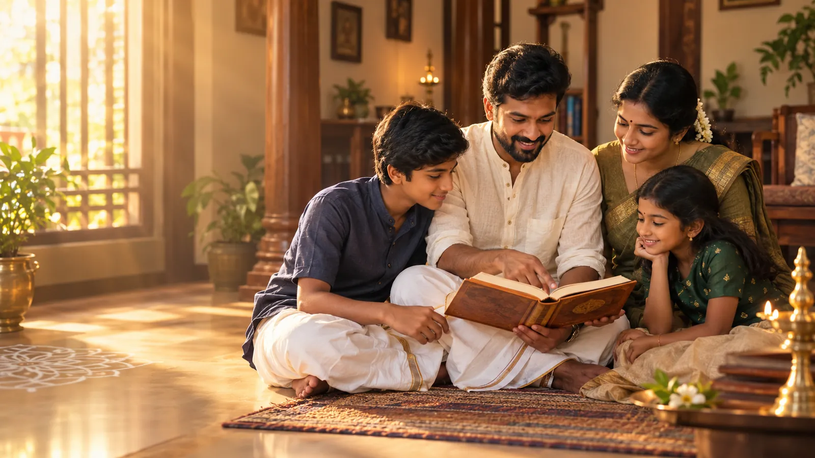 வீட்டில் தரையில் அமர்ந்து ஒரு புத்தகத்தை ஒன்றாகப் படிக்கும் தமிழ்க் குடும்பம்