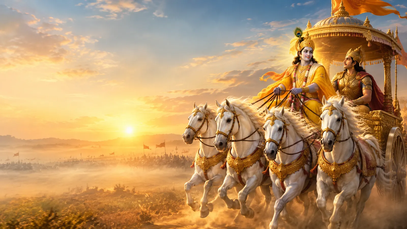 சூரிய உதயத்தில் குருக்ஷேத்திரப் போர்க்களத்தில் ரதத்தை ஓட்டும் கிருஷ்ணரும் அருகில் அர்ஜுனனும்