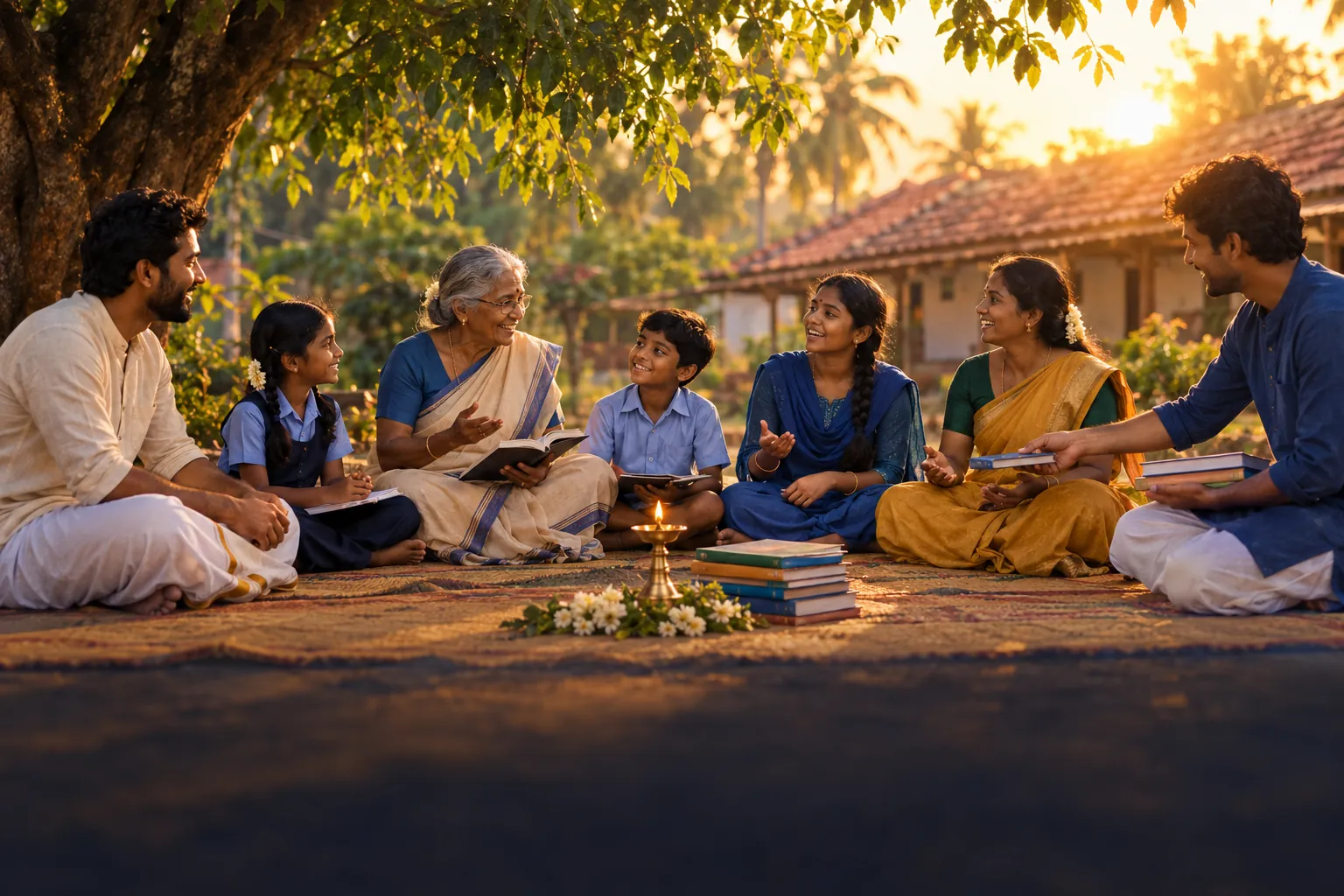 கிராமத்து மரத்தடியில் பாய்மேல் வட்டமாக அமர்ந்து ஆசிரியை, மாணவர்கள், பெற்றோர், தன்னார்வலர் ஒன்றாகக் கற்கும் காட்சி