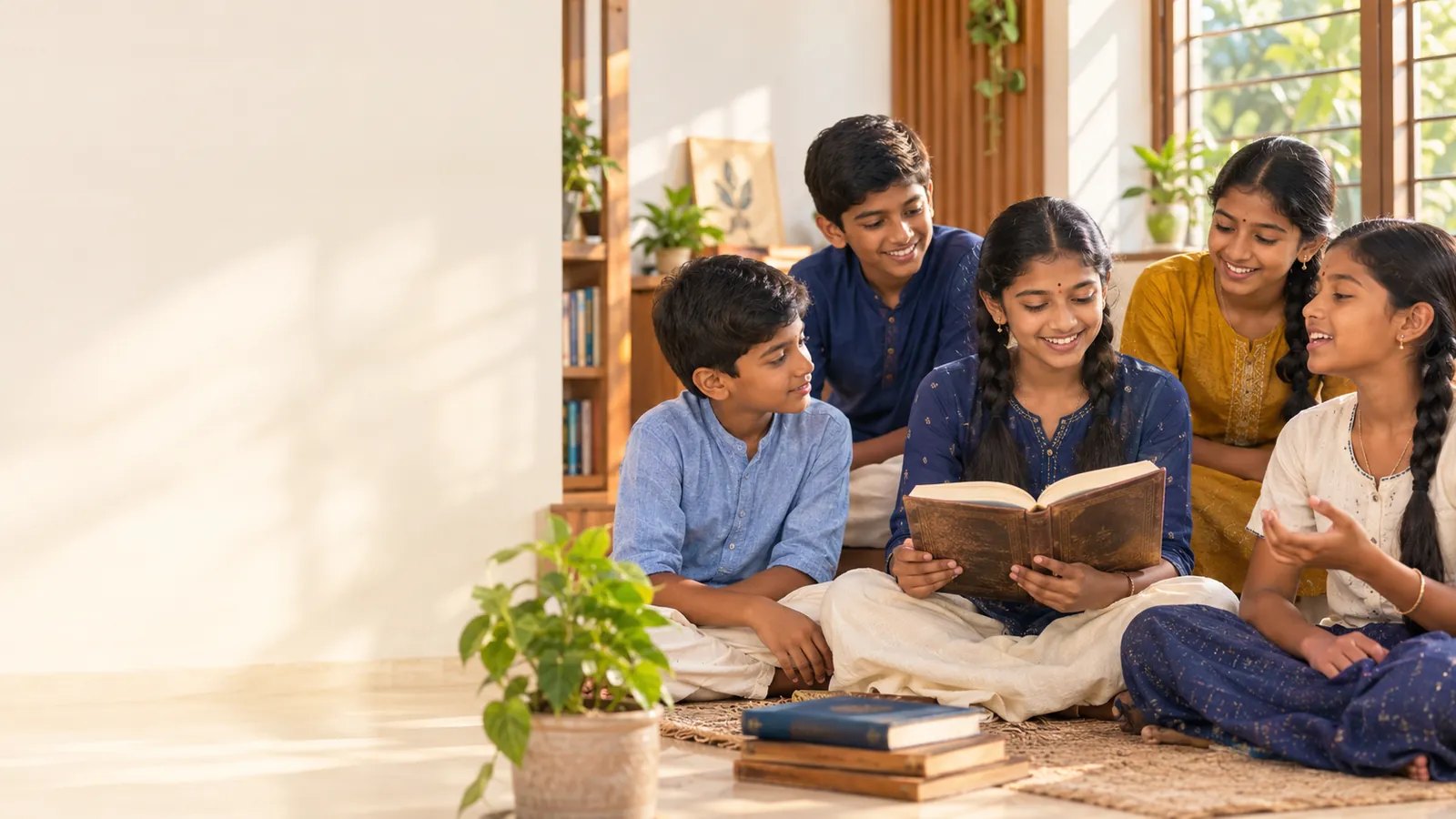 ஒன்றாக அமர்ந்து புத்தகம் படிக்கும் இளம் மாணவர்கள்